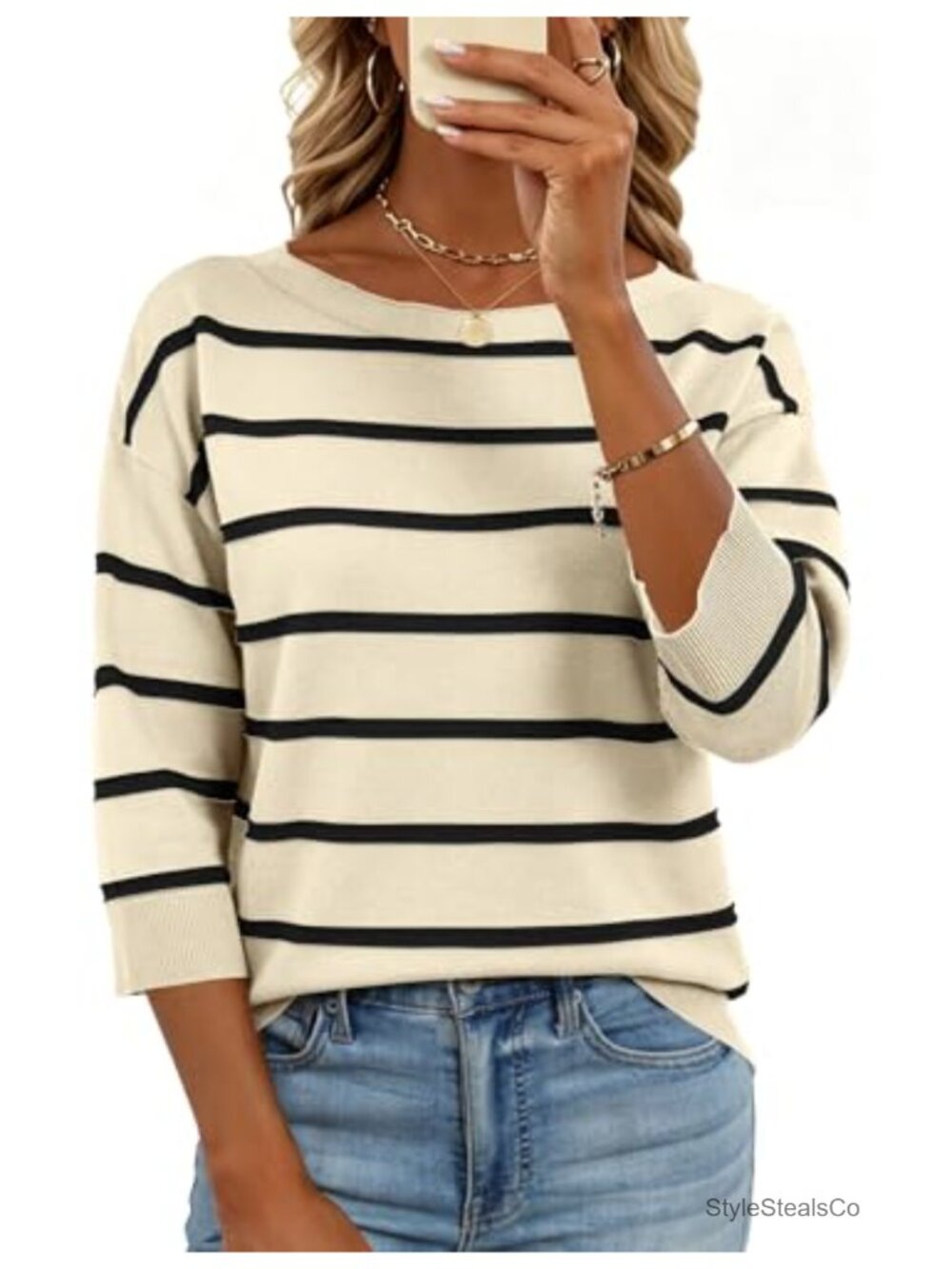LOMON Womens Lightweight Knit Boat Neck 3/4 Sleeve Pullover Sweater - Summer Top